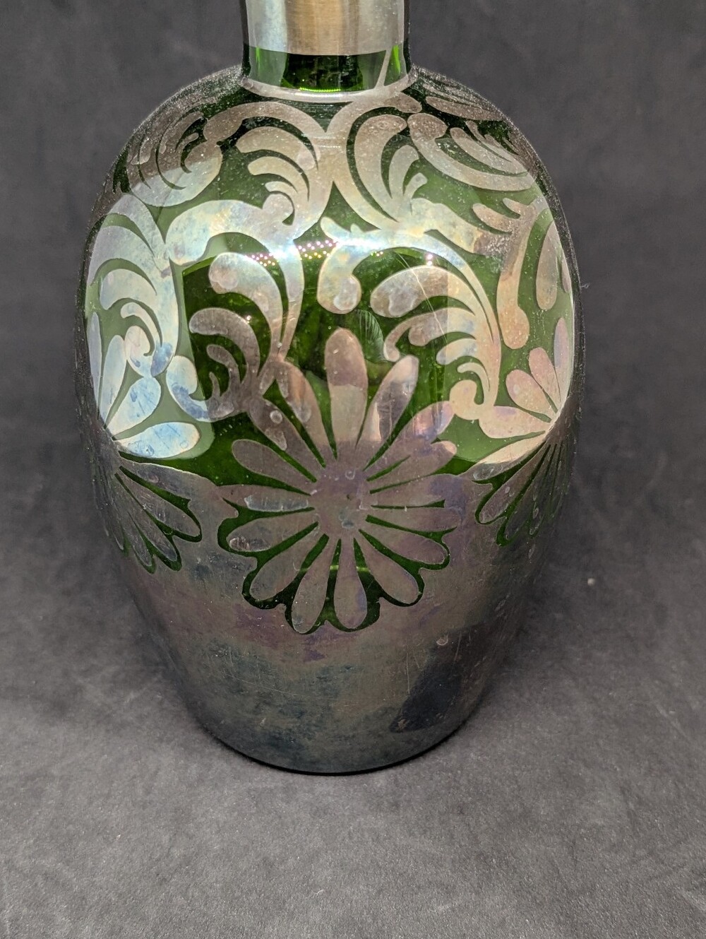 Vtg Silver Overlay Green Glass Decanter Bottle - Picture 3 of 12